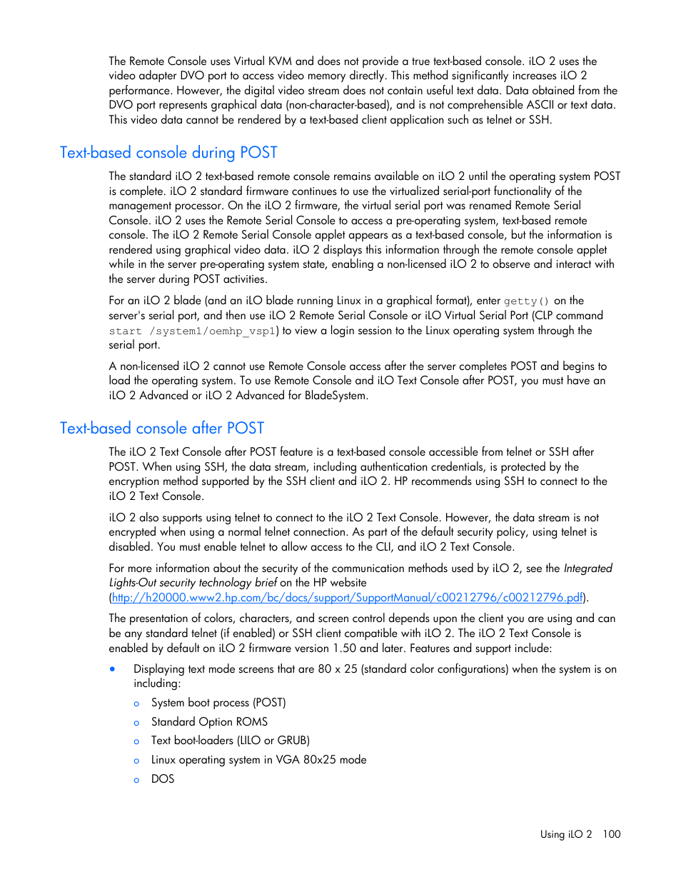 Text-based console during post, Text-based console after post | HP Integrated Lights-Out User Manual | Page 100 / 236