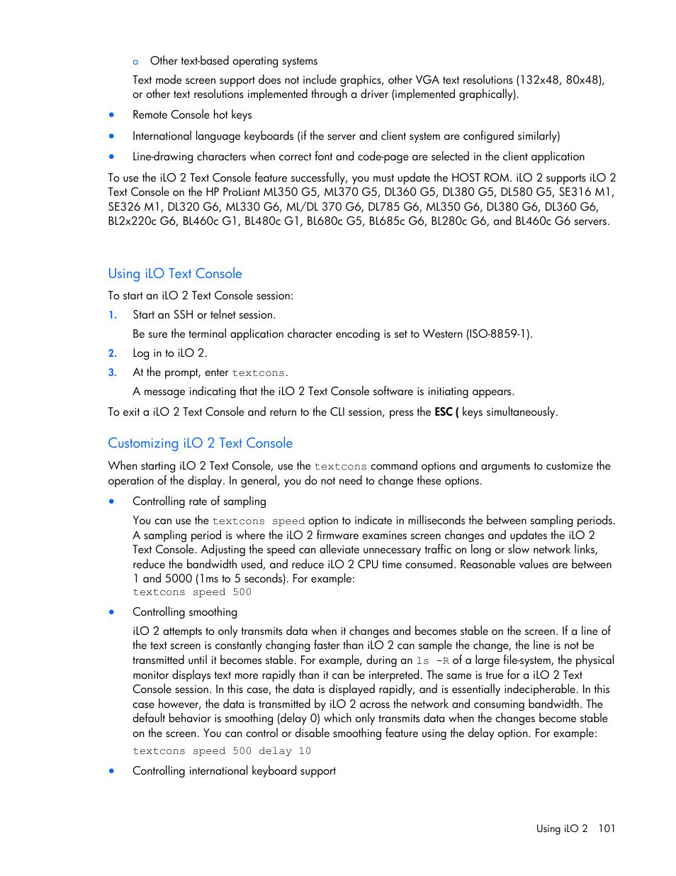 Using ilo text console, Customizing ilo 2 text console | HP Integrated Lights-Out User Manual | Page 101 / 236