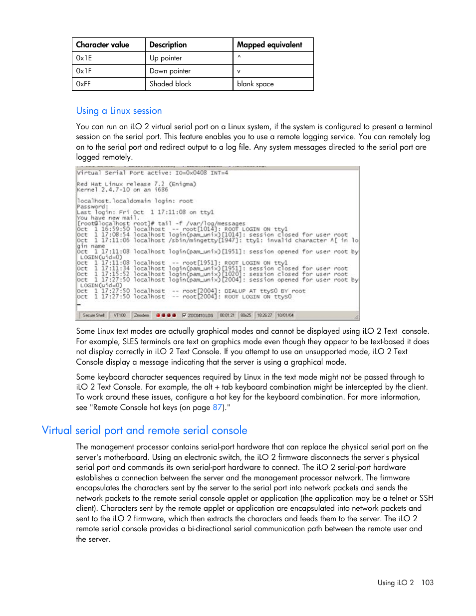 Using a linux session, Virtual serial port and remote serial console | HP Integrated Lights-Out User Manual | Page 103 / 236
