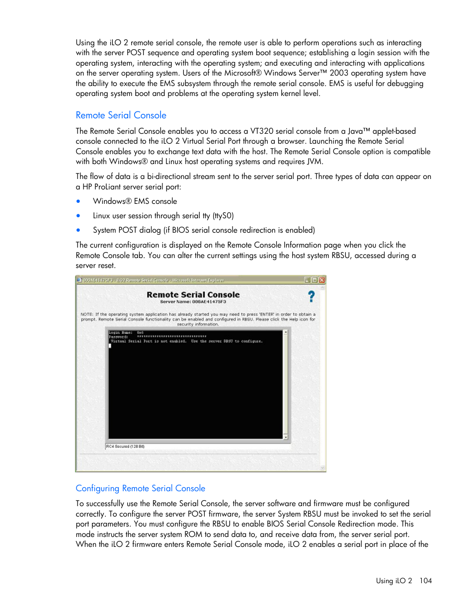 Remote serial console, Configuring remote serial console | HP Integrated Lights-Out User Manual | Page 104 / 236