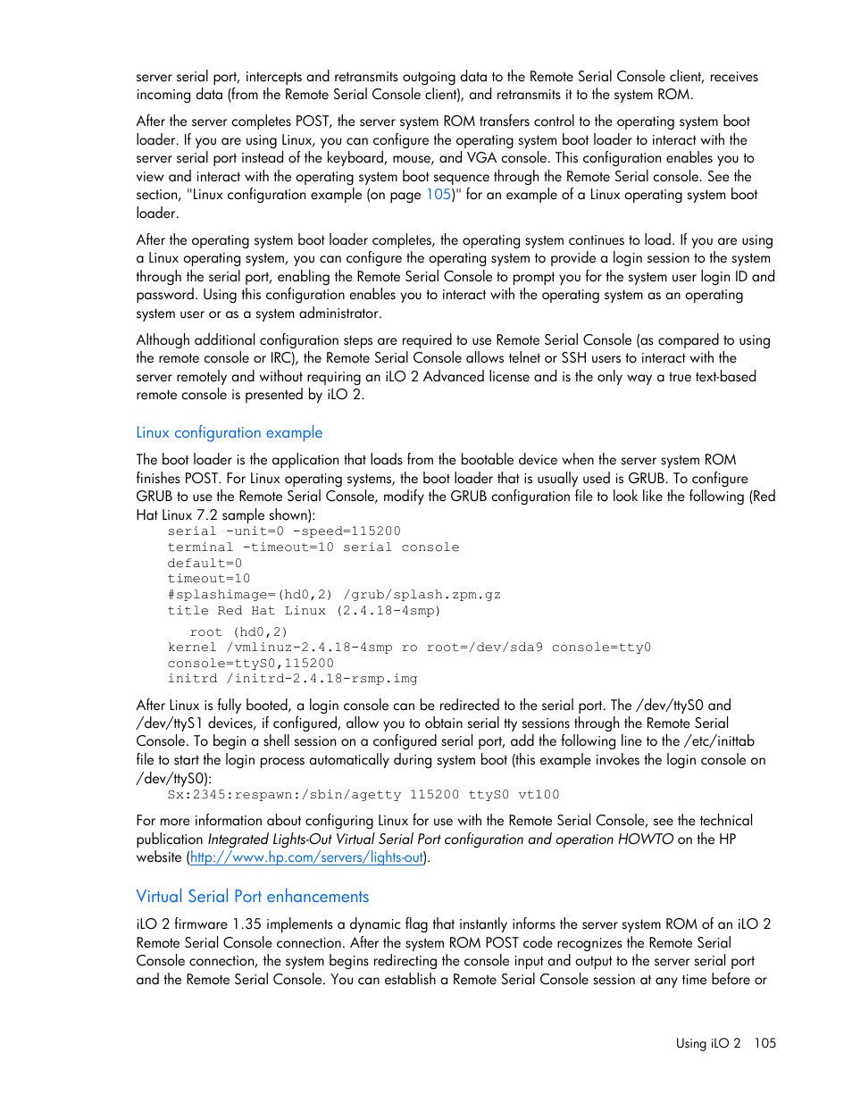 Linux configuration example, Virtual serial port enhancements | HP Integrated Lights-Out User Manual | Page 105 / 236