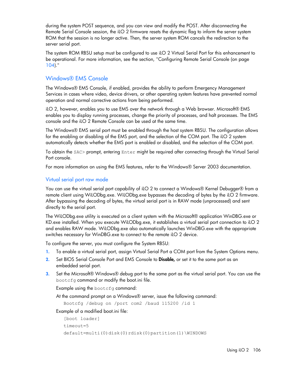Windows® ems console, Virtual serial port raw mode | HP Integrated Lights-Out User Manual | Page 106 / 236