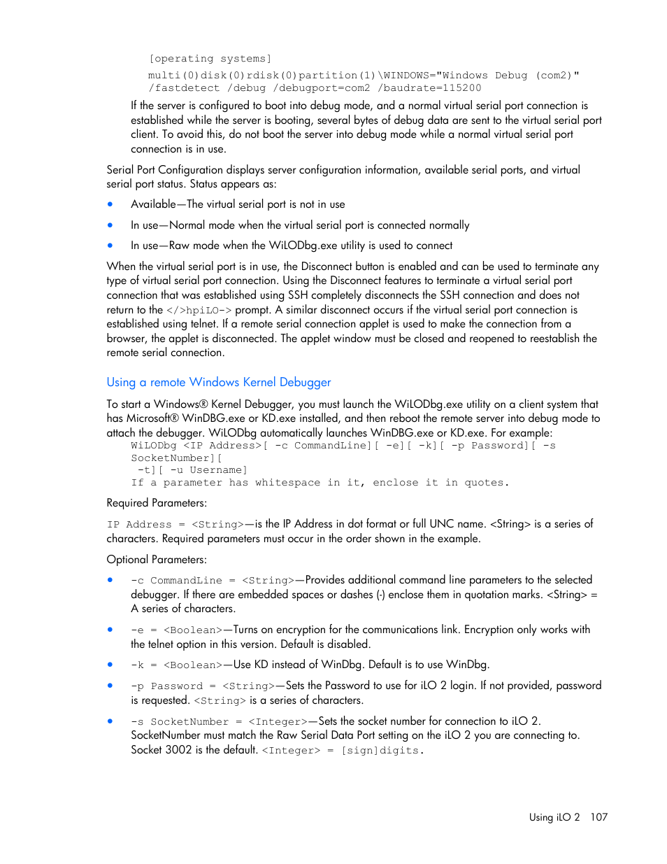 Using a remote windows kernel debugger | HP Integrated Lights-Out User Manual | Page 107 / 236