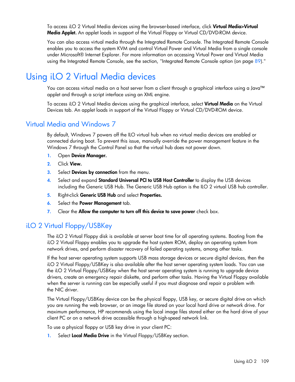 Using ilo 2 virtual media devices, Virtual media and windows 7, Ilo 2 virtual floppy/usbkey | HP Integrated Lights-Out User Manual | Page 109 / 236