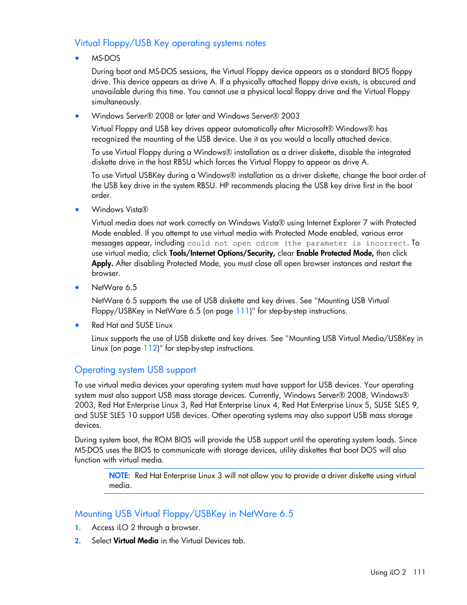 Virtual floppy/usb key operating systems notes, Operating system usb support, Mounting usb virtual floppy/usbkey in netware 6.5 | HP Integrated Lights-Out User Manual | Page 111 / 236
