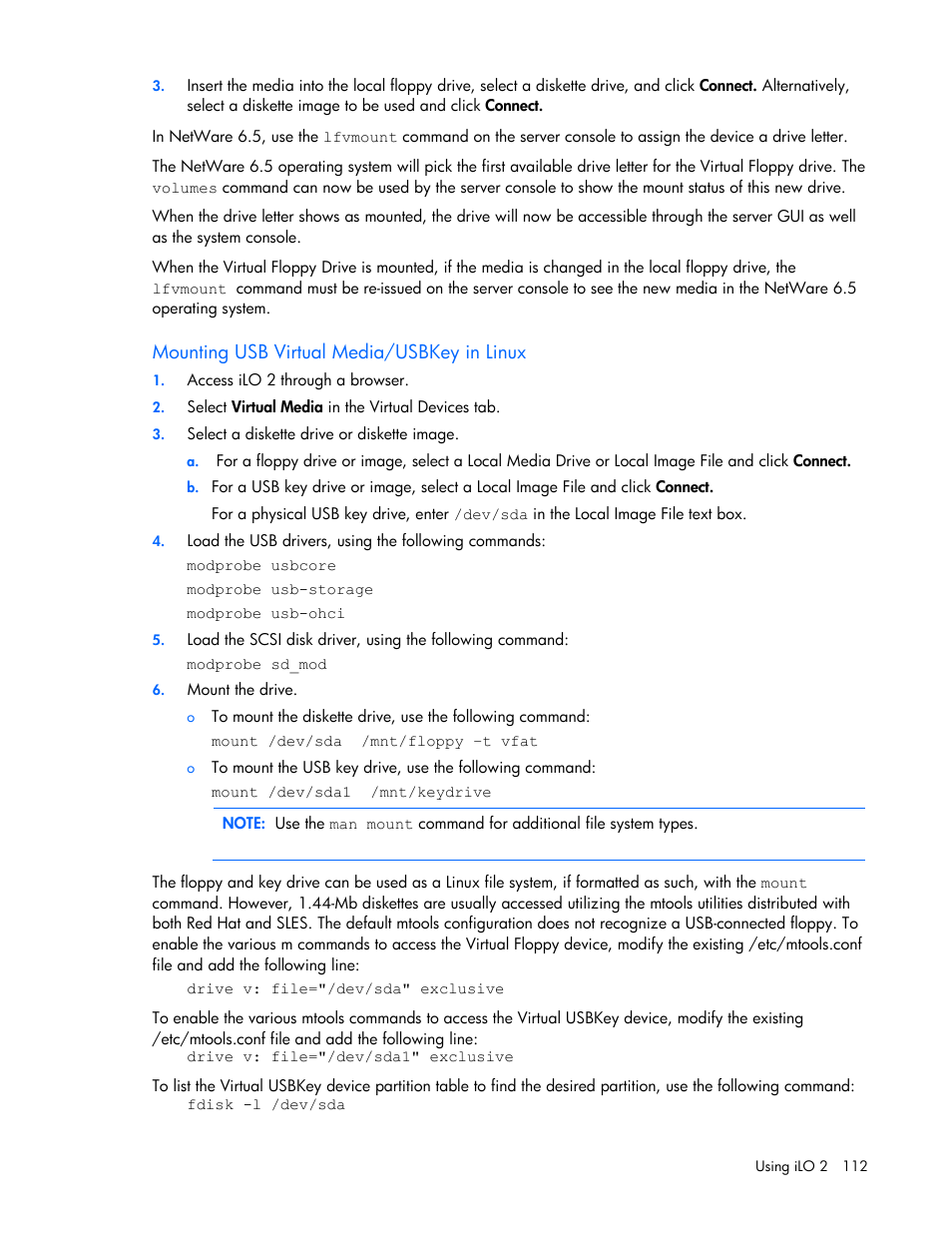 Mounting usb virtual media/usbkey in linux | HP Integrated Lights-Out User Manual | Page 112 / 236
