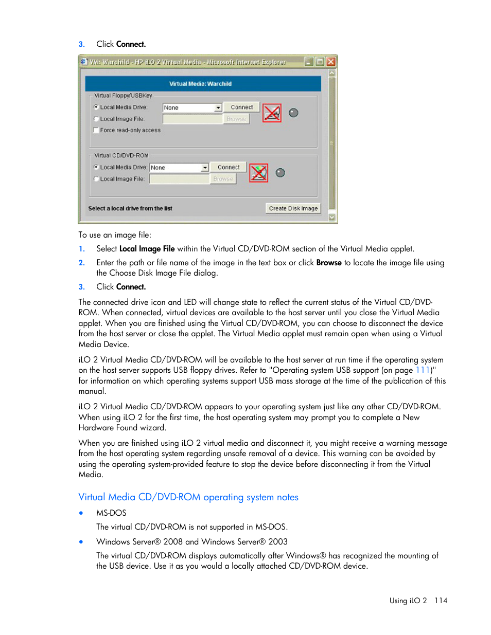 Virtual media cd/dvd-rom operating system notes | HP Integrated Lights-Out User Manual | Page 114 / 236