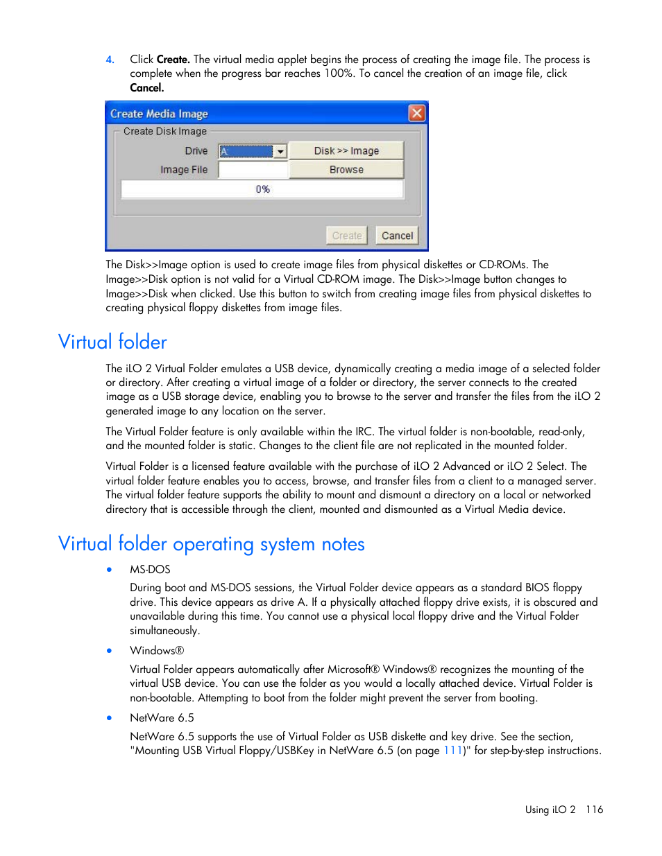 Virtual folder, Virtual folder operating system notes | HP Integrated Lights-Out User Manual | Page 116 / 236