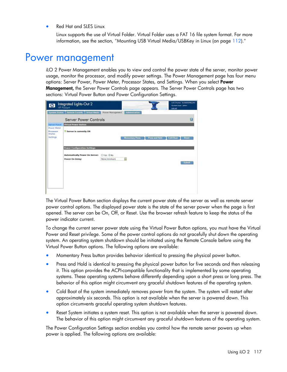 Power management | HP Integrated Lights-Out User Manual | Page 117 / 236