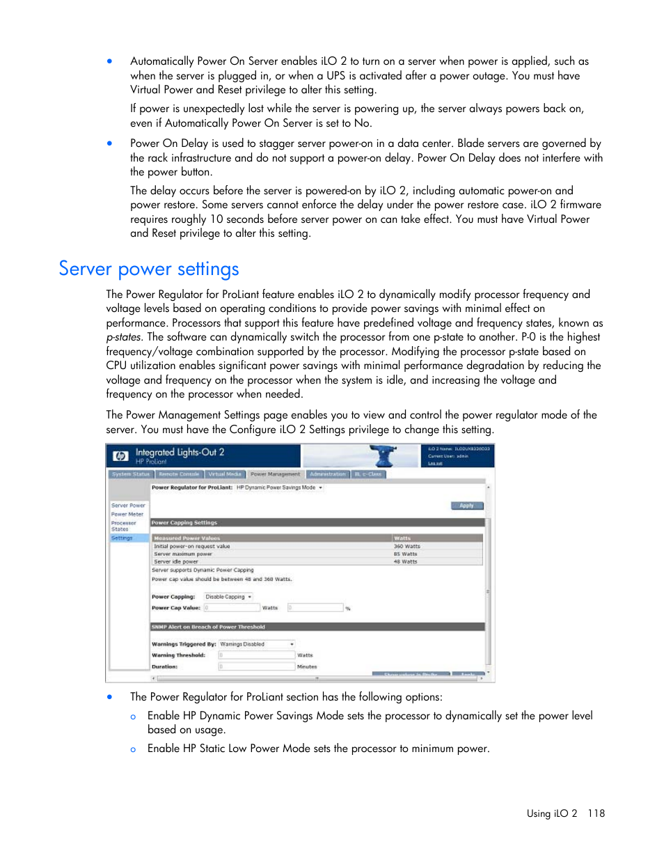 Server power settings | HP Integrated Lights-Out User Manual | Page 118 / 236
