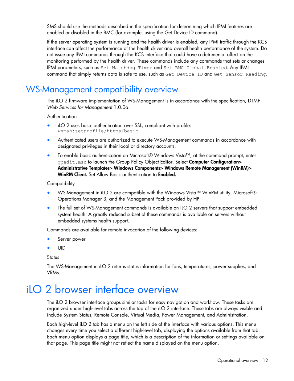 Ws-management compatibility overview, Ilo 2 browser interface overview | HP Integrated Lights-Out User Manual | Page 12 / 236