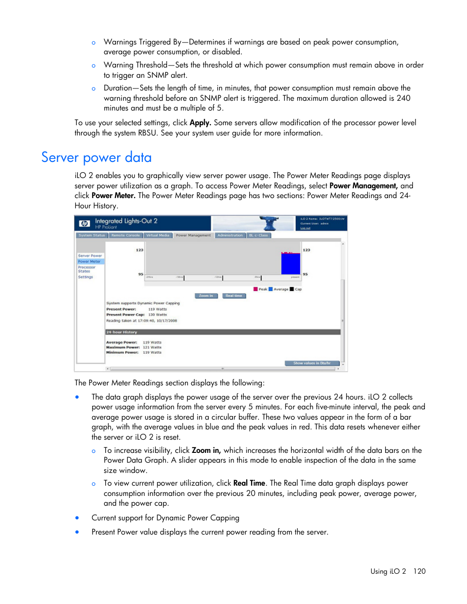 Server power data | HP Integrated Lights-Out User Manual | Page 120 / 236