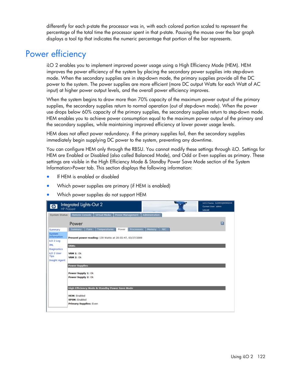 Power efficiency | HP Integrated Lights-Out User Manual | Page 122 / 236