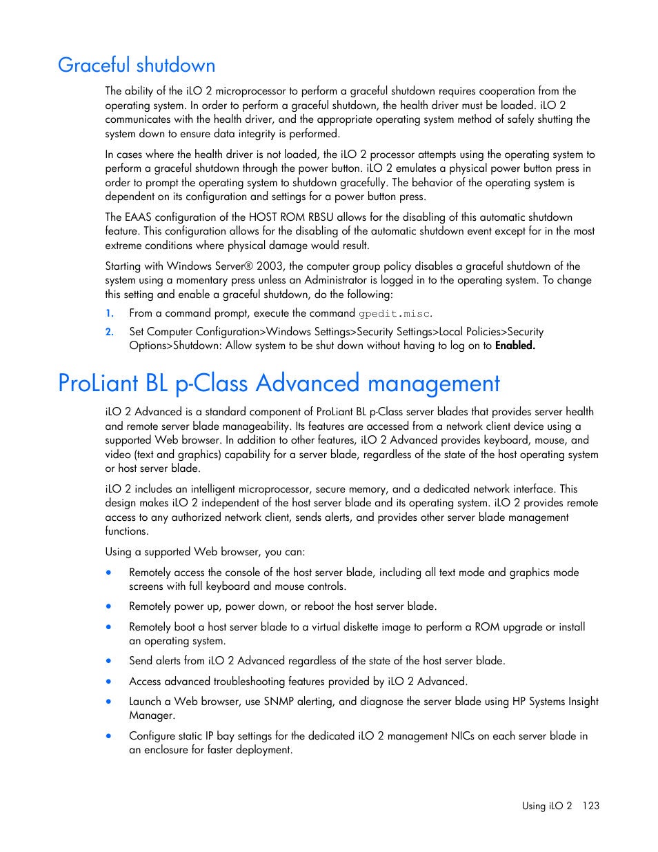 Graceful shutdown, Proliant bl p-class advanced management | HP Integrated Lights-Out User Manual | Page 123 / 236