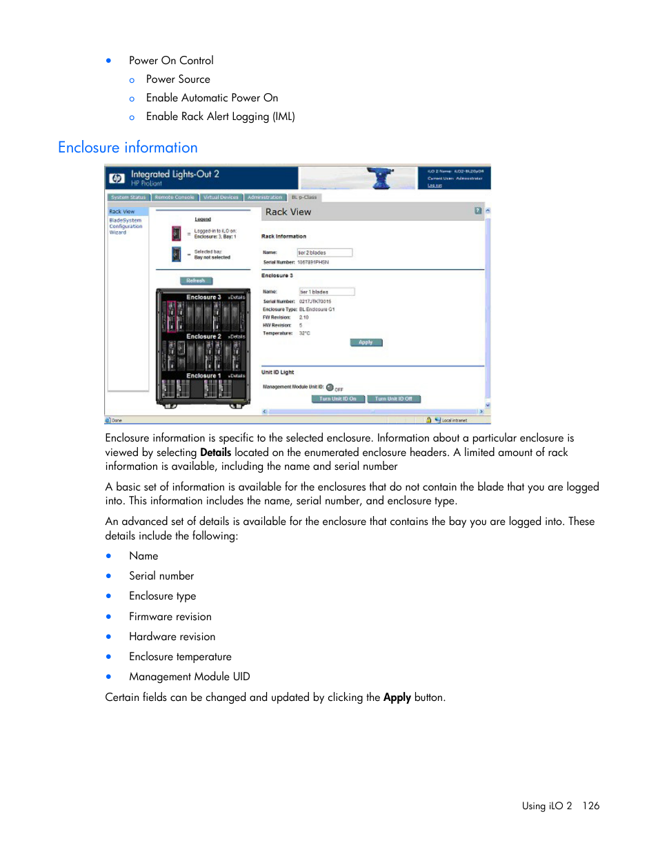 Enclosure information | HP Integrated Lights-Out User Manual | Page 126 / 236