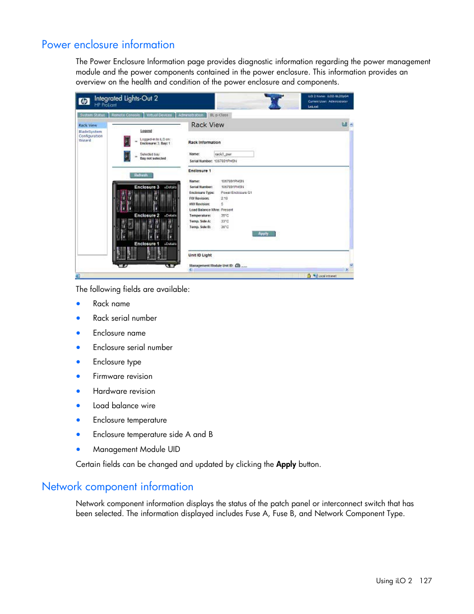 Power enclosure information, Network component information | HP Integrated Lights-Out User Manual | Page 127 / 236