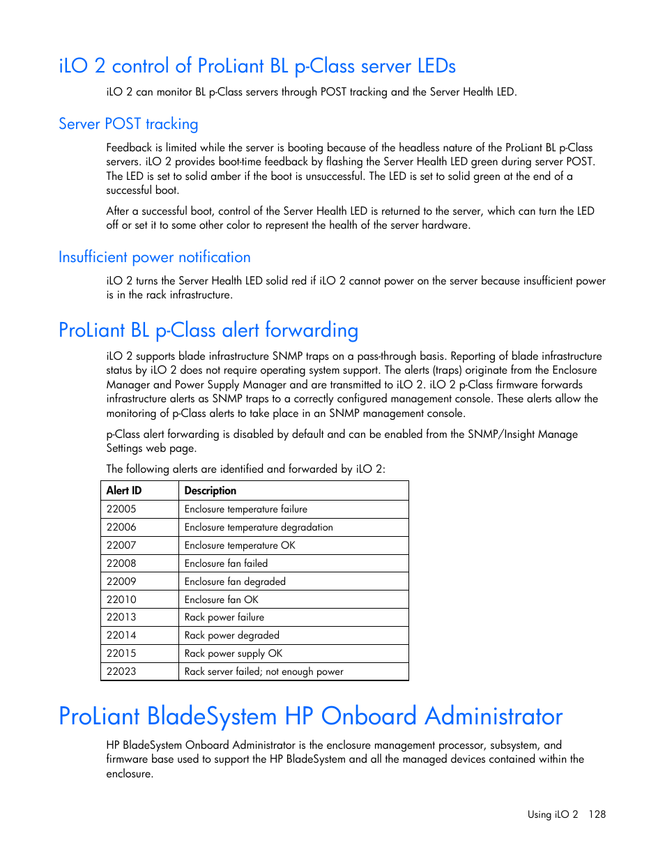 Ilo 2 control of proliant bl p-class server leds, Server post tracking, Insufficient power notification | Proliant bl p-class alert forwarding, Proliant bladesystem hp onboard administrator | HP Integrated Lights-Out User Manual | Page 128 / 236