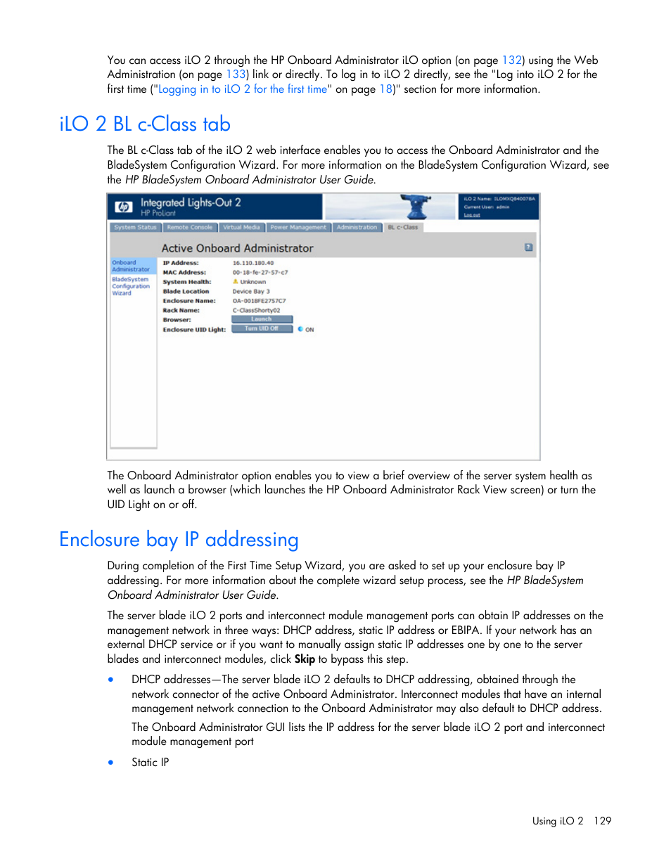 Ilo 2 bl c-class tab, Enclosure bay ip addressing, Ilo 2 bl c-class tab enclosure bay ip addressing | HP Integrated Lights-Out User Manual | Page 129 / 236