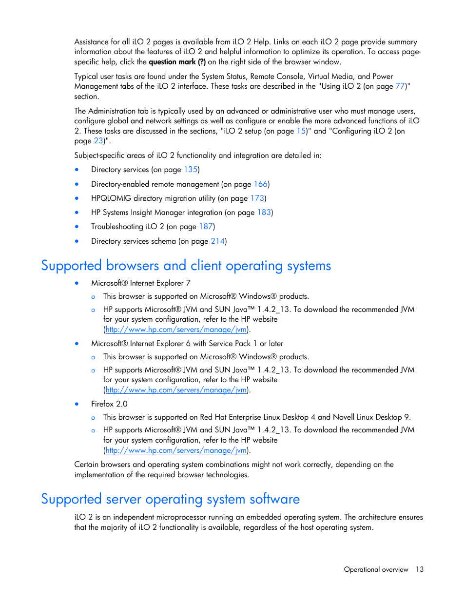 Supported browsers and client operating systems, Supported server operating system software | HP Integrated Lights-Out User Manual | Page 13 / 236