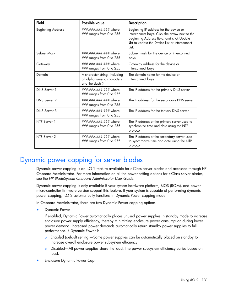 Dynamic power capping for server blades | HP Integrated Lights-Out User Manual | Page 131 / 236