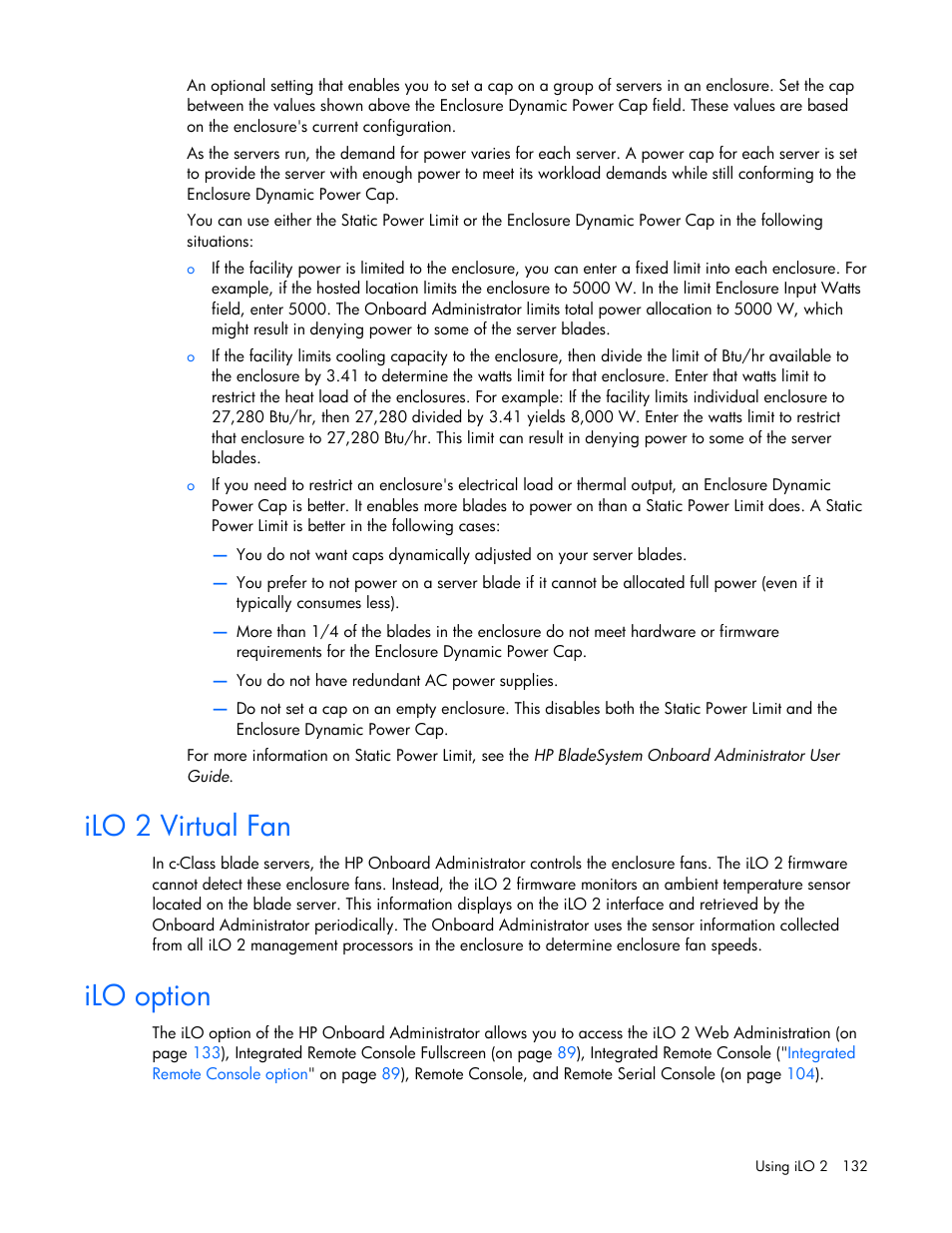 Ilo 2 virtual fan, Ilo option, Ilo 2 virtual fan ilo option | HP Integrated Lights-Out User Manual | Page 132 / 236