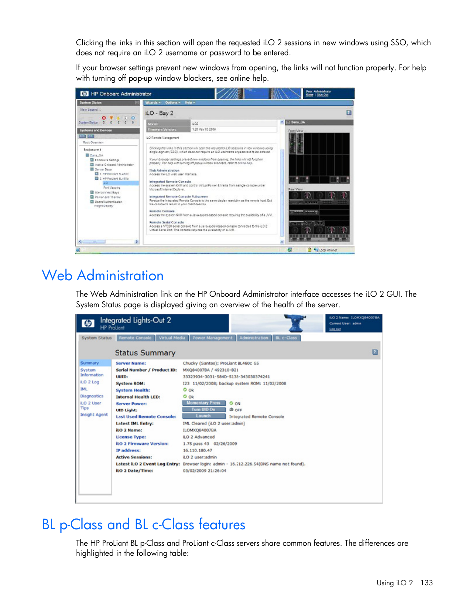 Web administration, Bl p-class and bl c-class features | HP Integrated Lights-Out User Manual | Page 133 / 236