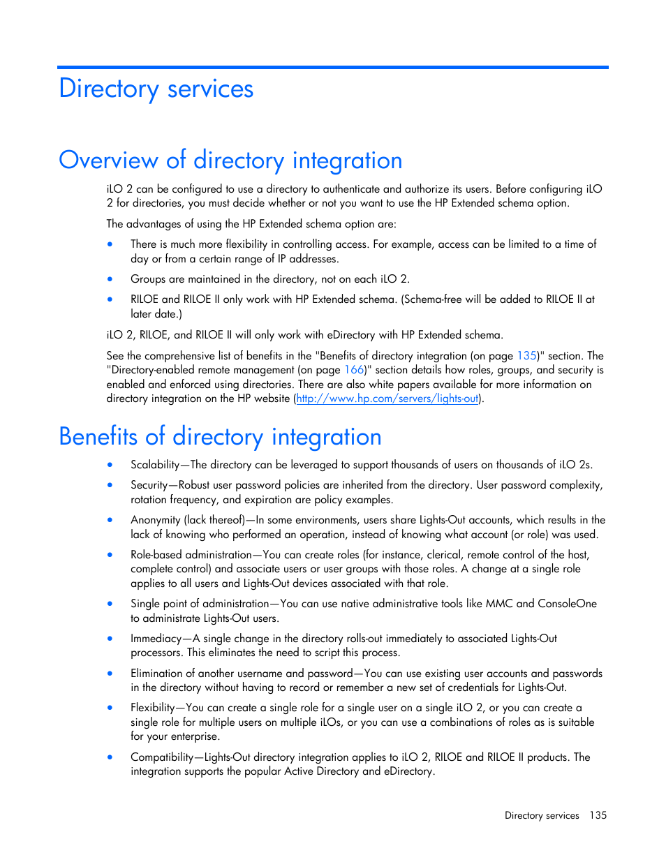 Directory services, Overview of directory integration, Benefits of directory integration | HP Integrated Lights-Out User Manual | Page 135 / 236