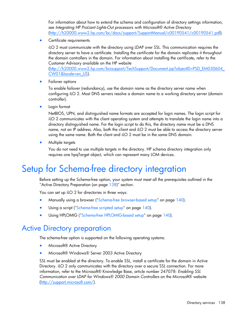 Setup for schema-free directory integration, Active directory preparation | HP Integrated Lights-Out User Manual | Page 138 / 236