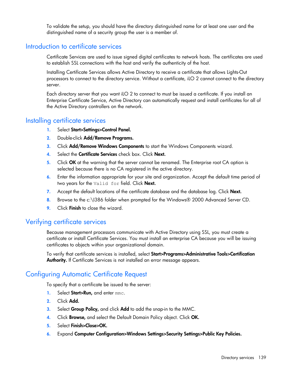 Introduction to certificate services, Installing certificate services, Verifying certificate services | Configuring automatic certificate request | HP Integrated Lights-Out User Manual | Page 139 / 236