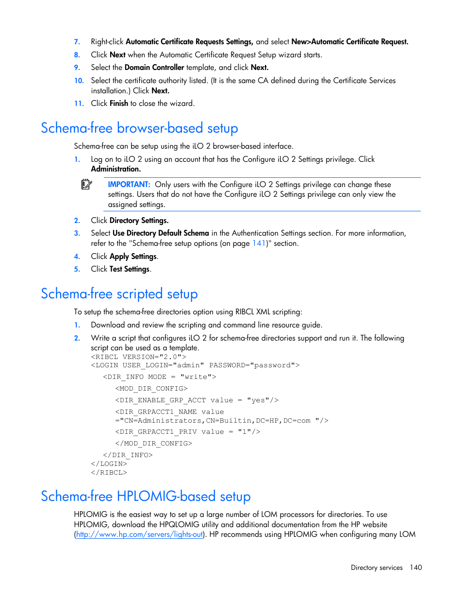 Schema-free browser-based setup, Schema-free scripted setup, Schema-free hplomig-based setup | HP Integrated Lights-Out User Manual | Page 140 / 236