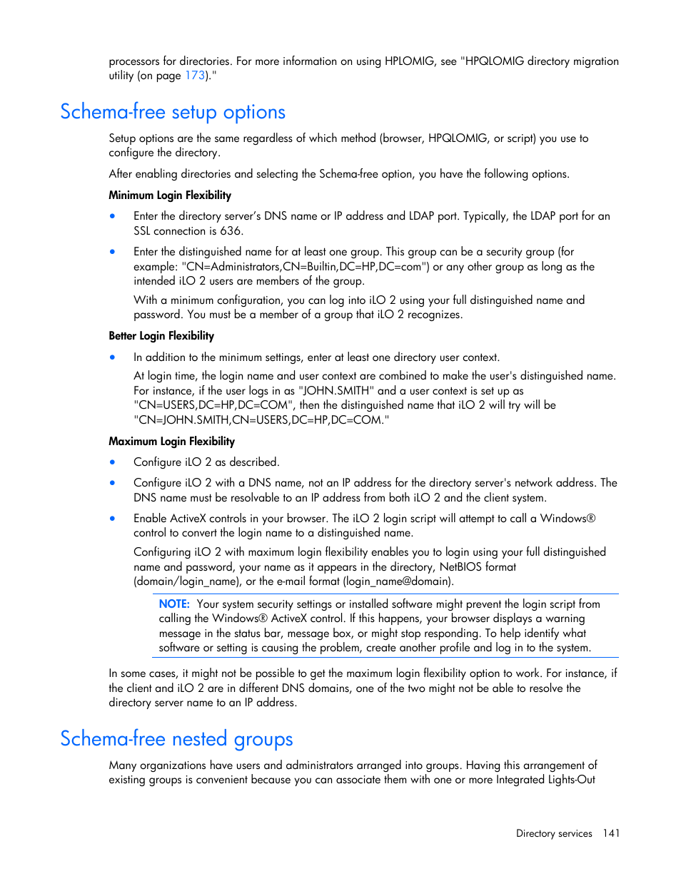 Schema-free setup options, Schema-free nested groups | HP Integrated Lights-Out User Manual | Page 141 / 236