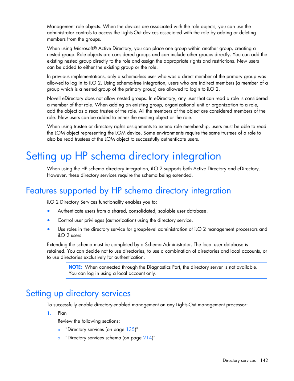 Setting up hp schema directory integration, Setting up directory services | HP Integrated Lights-Out User Manual | Page 142 / 236