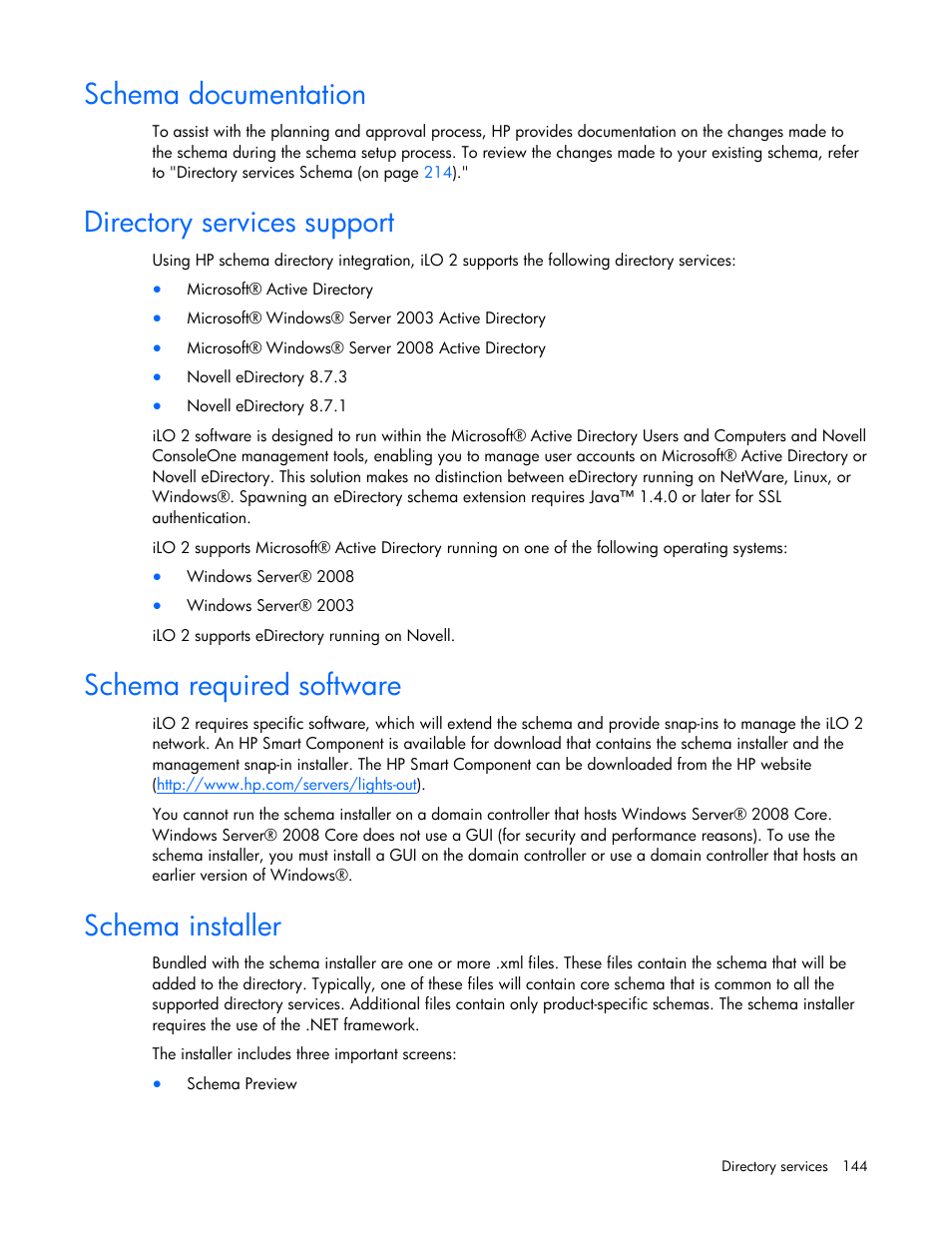 Schema documentation, Directory services support, Schema required software | Schema installer | HP Integrated Lights-Out User Manual | Page 144 / 236