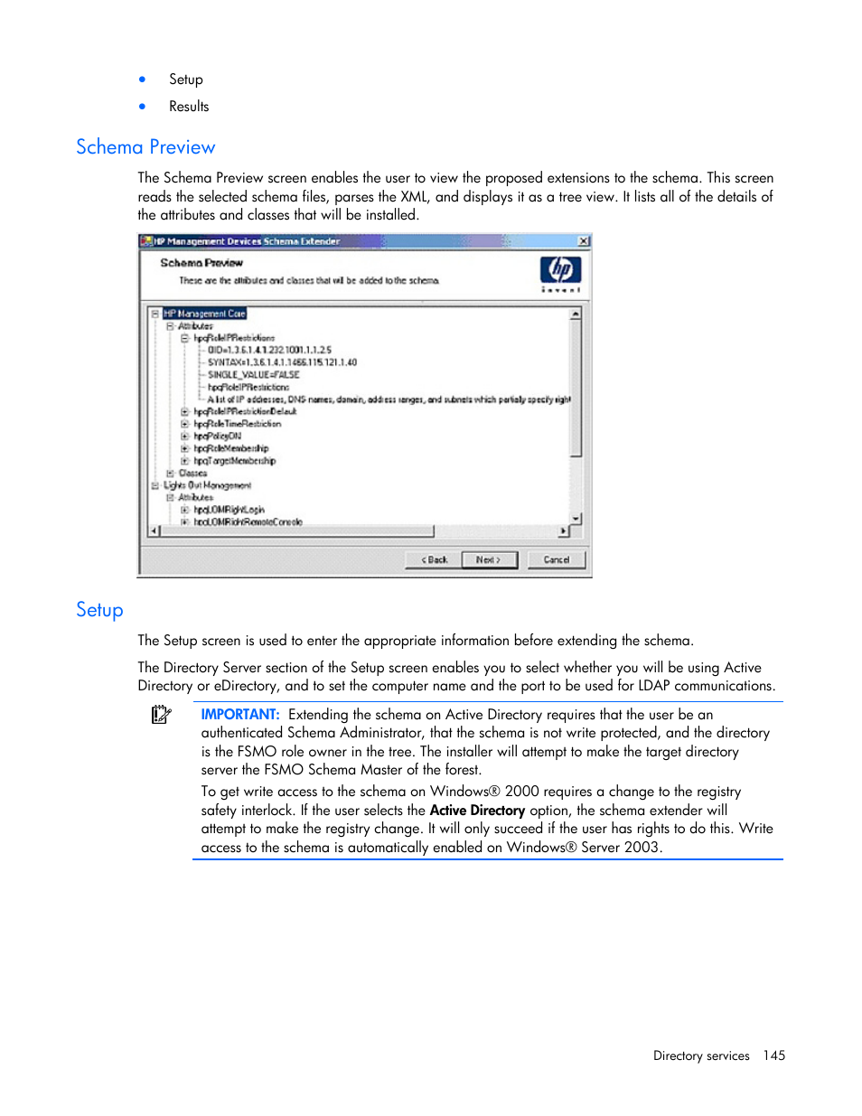 Schema preview, Setup | HP Integrated Lights-Out User Manual | Page 145 / 236