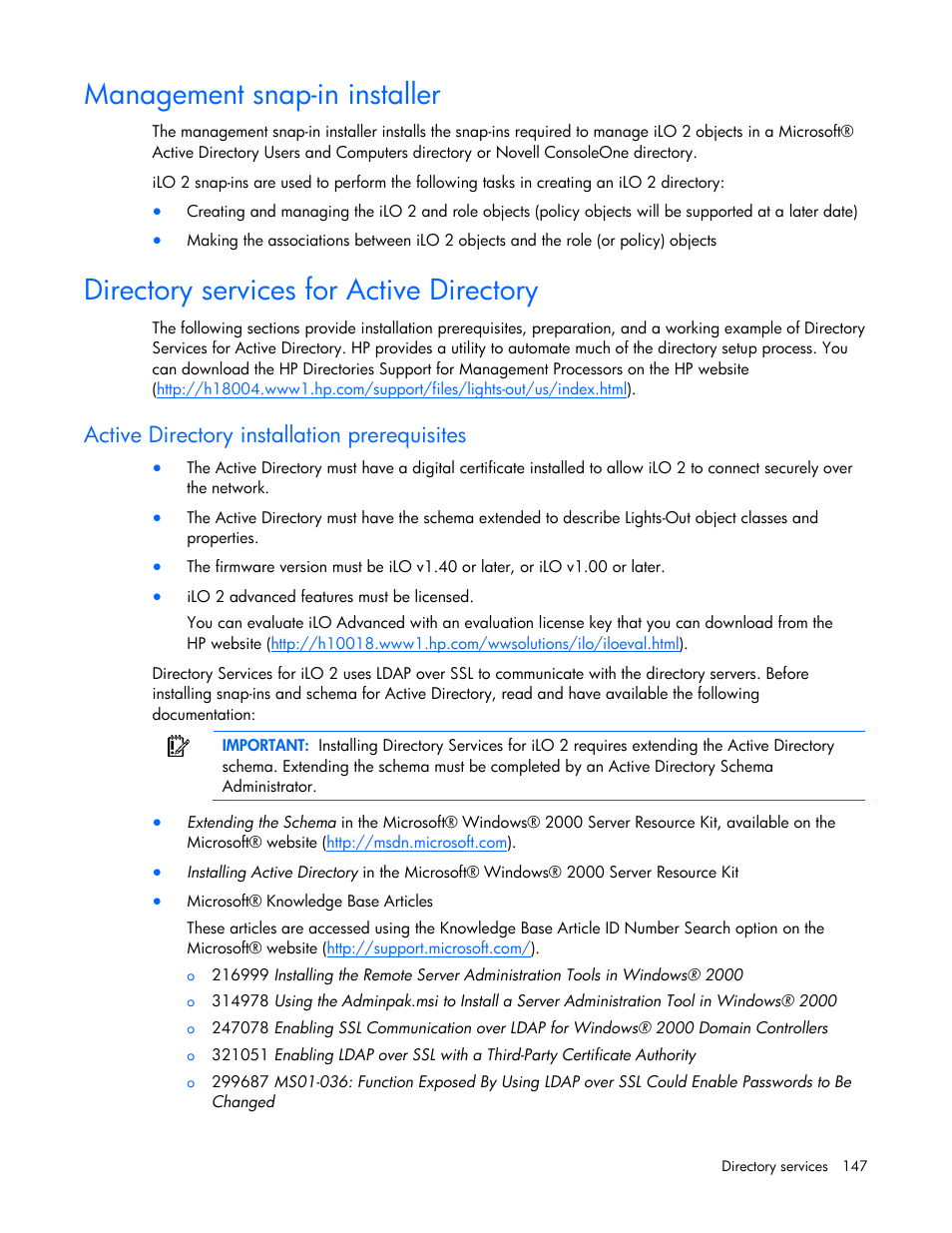 Management snap-in installer, Directory services for active directory, Active directory installation prerequisites | HP Integrated Lights-Out User Manual | Page 147 / 236