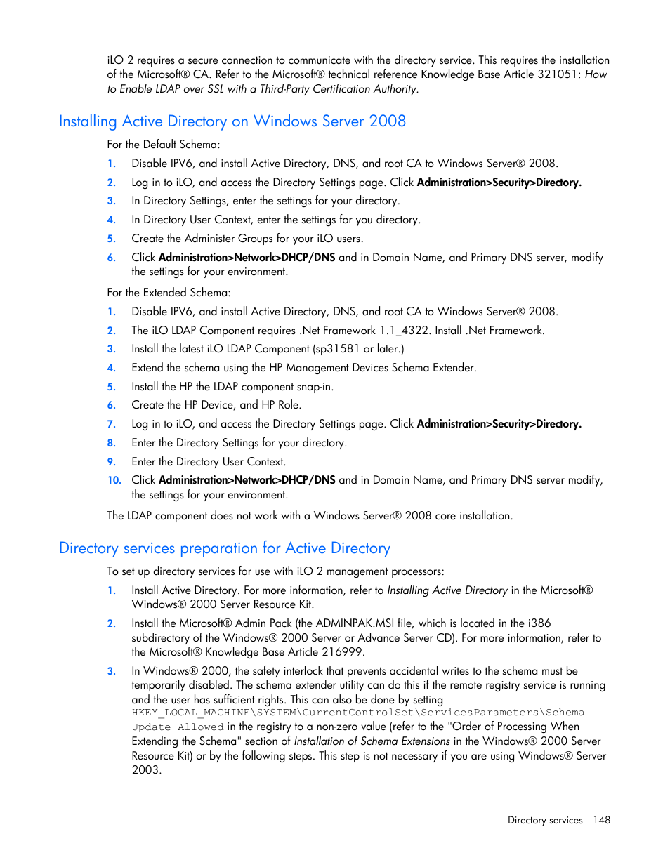 Installing active directory on windows server 2008 | HP Integrated Lights-Out User Manual | Page 148 / 236