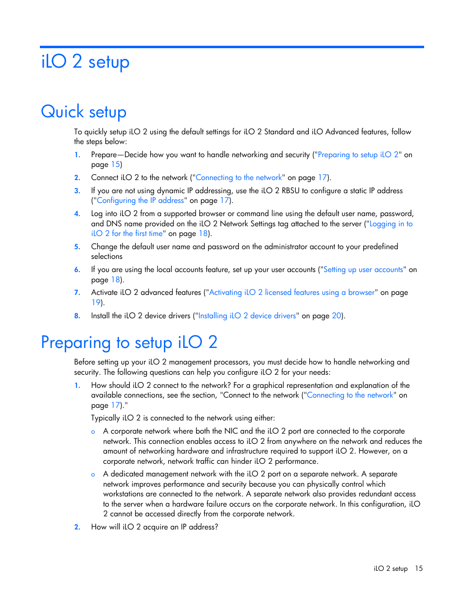 Ilo 2 setup, Quick setup, Preparing to setup ilo 2 | Quick setup preparing to setup ilo 2 | HP Integrated Lights-Out User Manual | Page 15 / 236