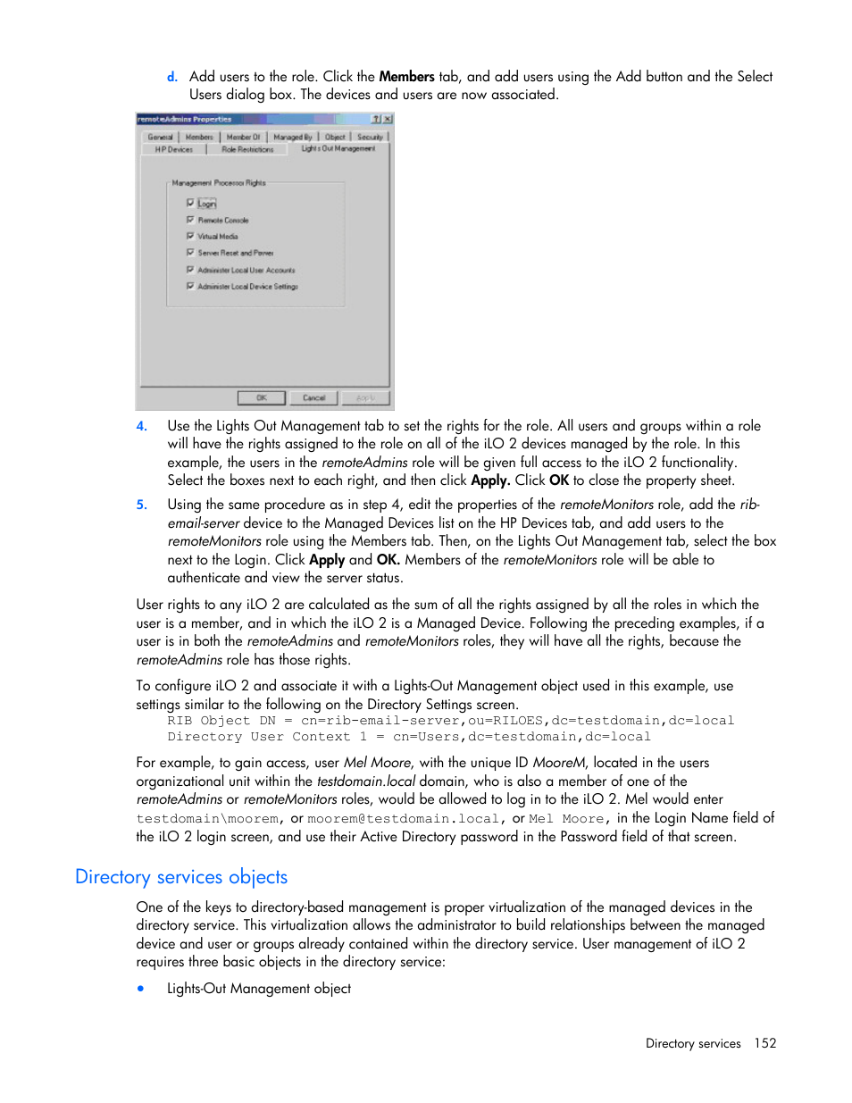 Directory services objects | HP Integrated Lights-Out User Manual | Page 152 / 236