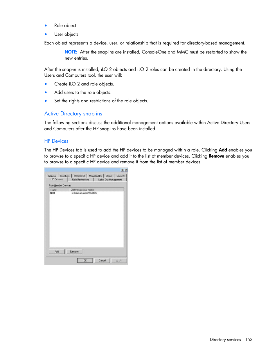 Active directory snap-ins, Hp devices | HP Integrated Lights-Out User Manual | Page 153 / 236