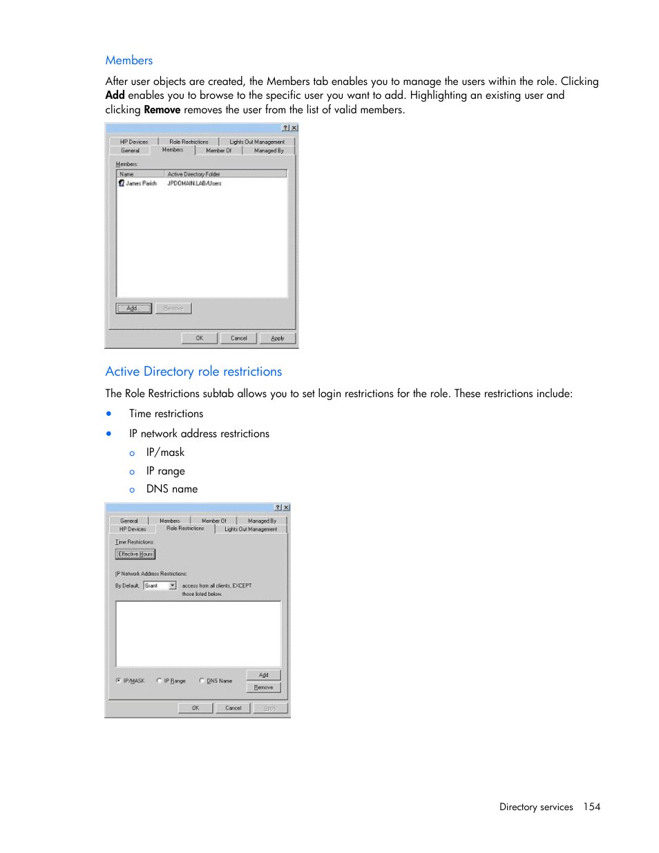 Members, Active directory role restrictions | HP Integrated Lights-Out User Manual | Page 154 / 236