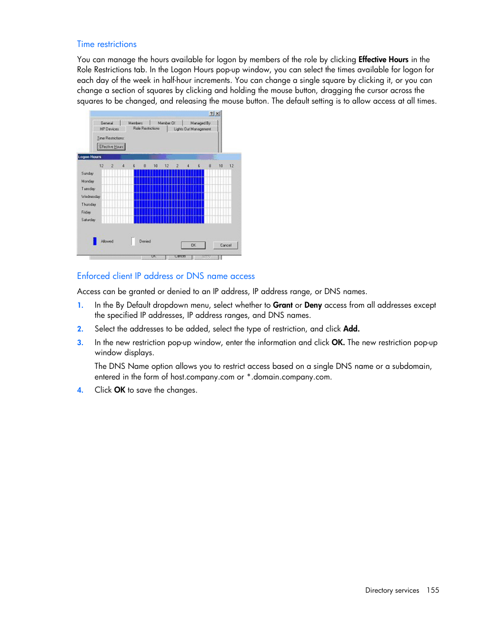 Time restrictions, Enforced client ip address or dns name access | HP Integrated Lights-Out User Manual | Page 155 / 236