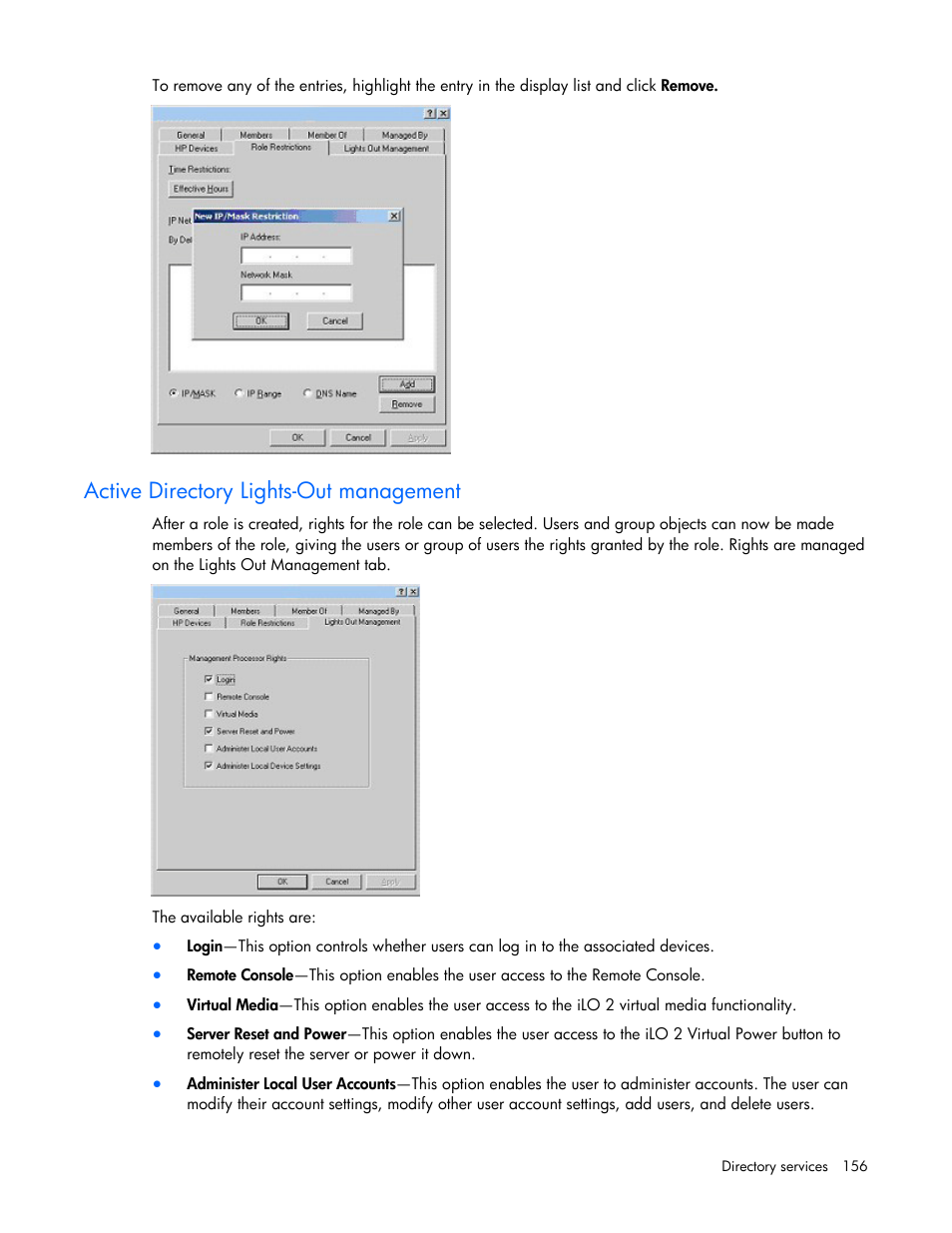 Active directory lights-out management | HP Integrated Lights-Out User Manual | Page 156 / 236