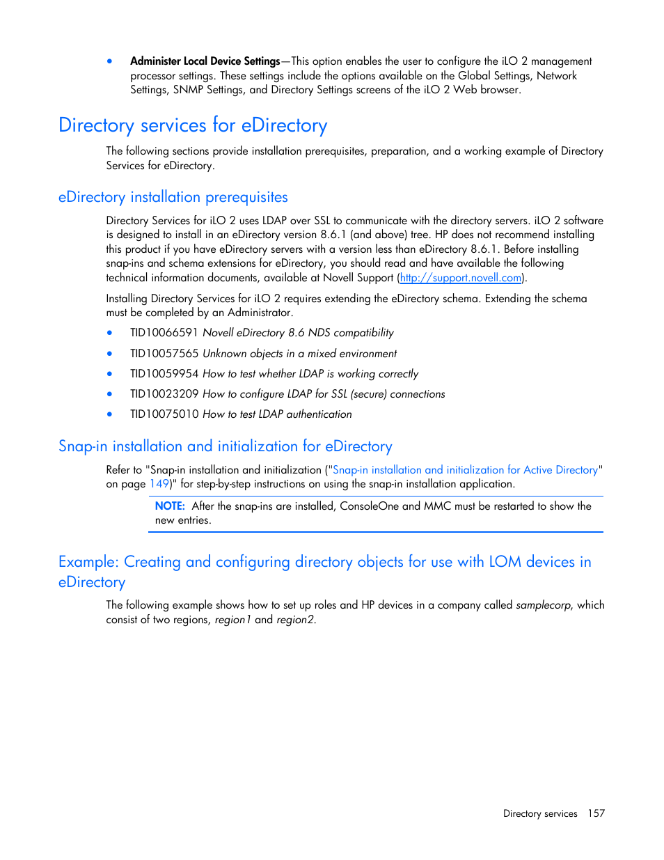 Directory services for edirectory, Edirectory installation prerequisites | HP Integrated Lights-Out User Manual | Page 157 / 236