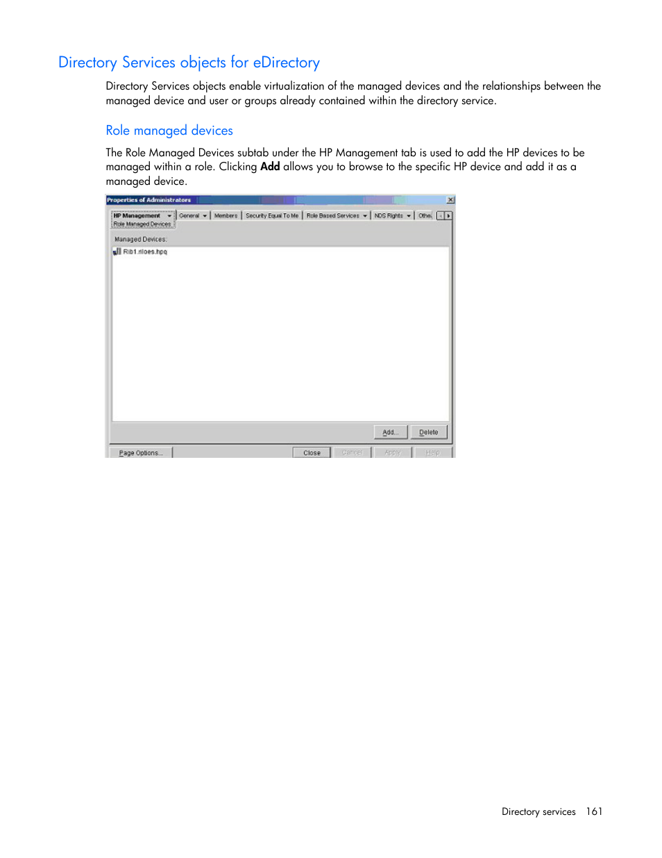 Directory services objects for edirectory, Role managed devices | HP Integrated Lights-Out User Manual | Page 161 / 236