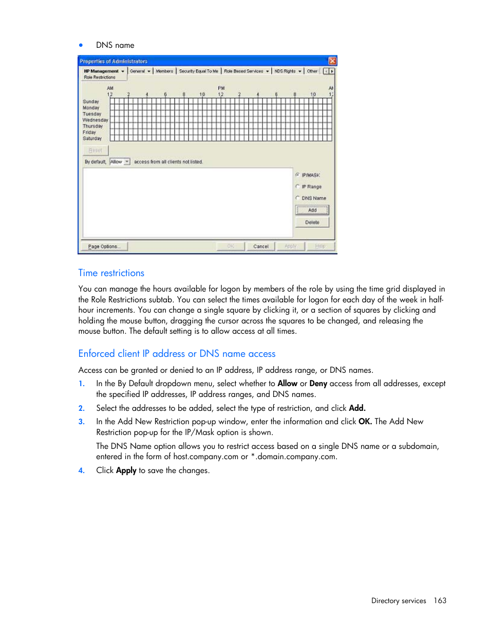 Time restrictions, Enforced client ip address or dns name access | HP Integrated Lights-Out User Manual | Page 163 / 236