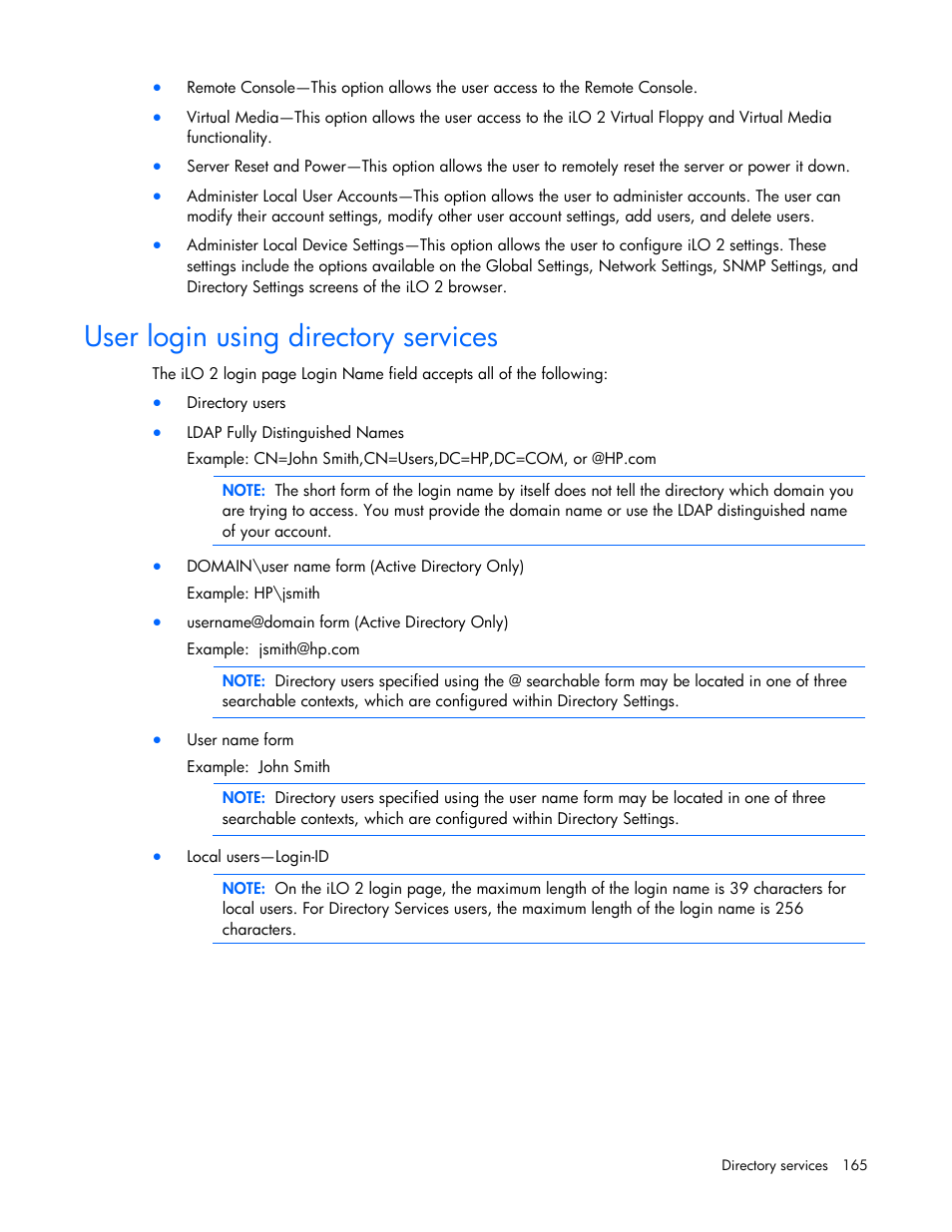 User login using directory services | HP Integrated Lights-Out User Manual | Page 165 / 236