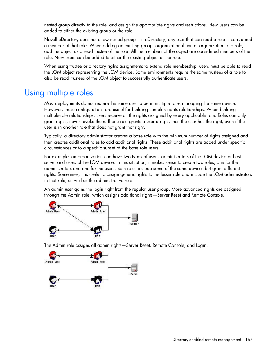 Using multiple roles | HP Integrated Lights-Out User Manual | Page 167 / 236