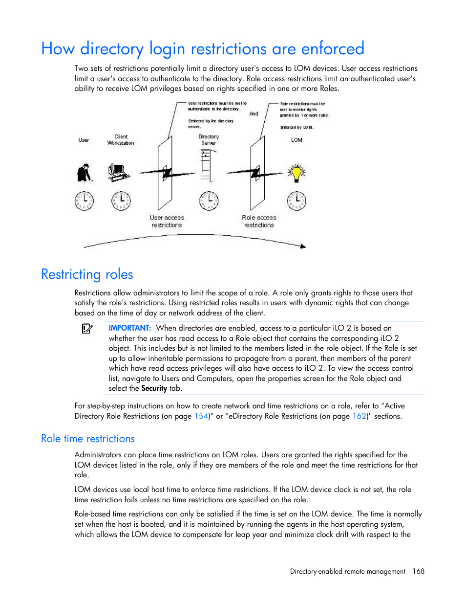 How directory login restrictions are enforced, Restricting roles, Role time restrictions | HP Integrated Lights-Out User Manual | Page 168 / 236
