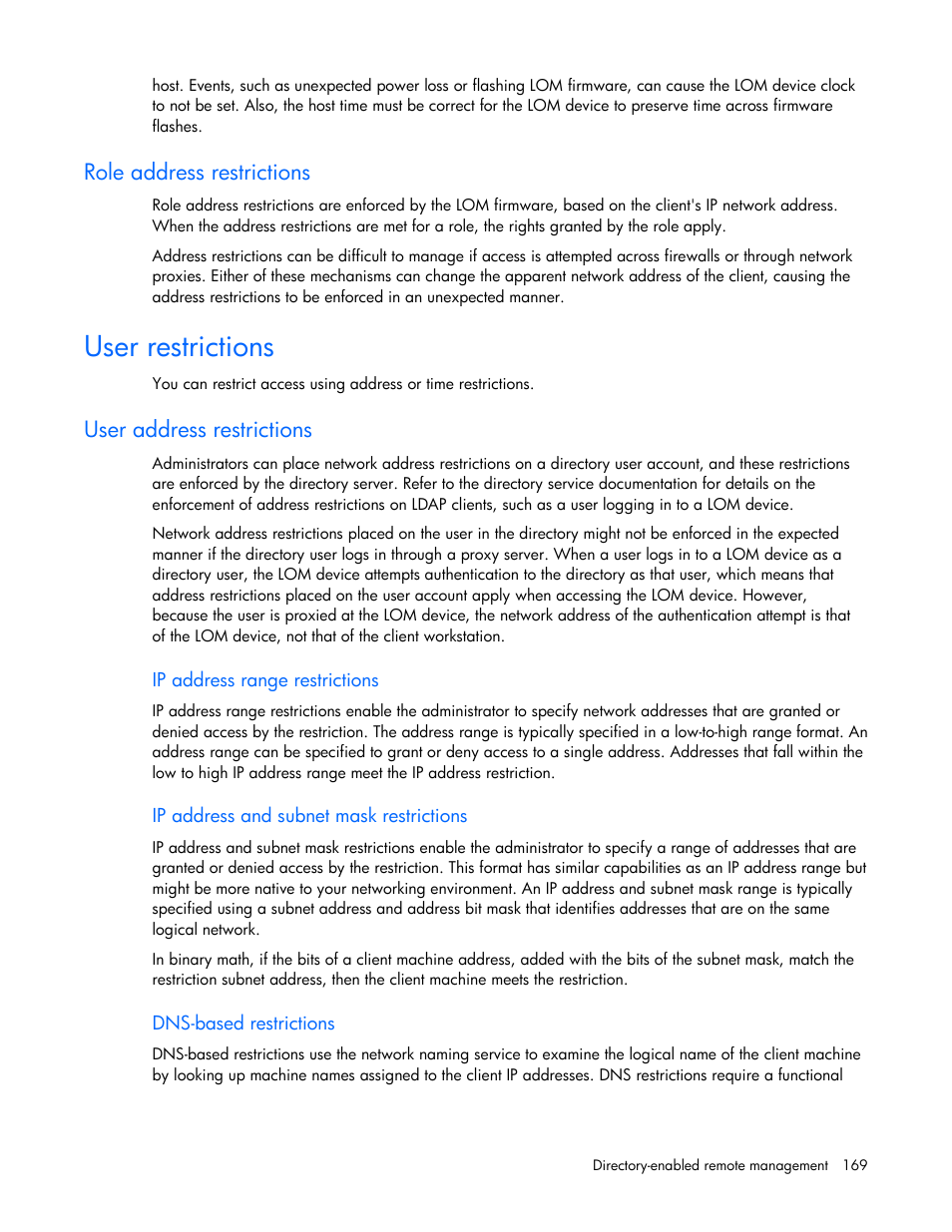 Role address restrictions, User restrictions, User address restrictions | Ip address range restrictions, Ip address and subnet mask restrictions, Dns-based restrictions | HP Integrated Lights-Out User Manual | Page 169 / 236