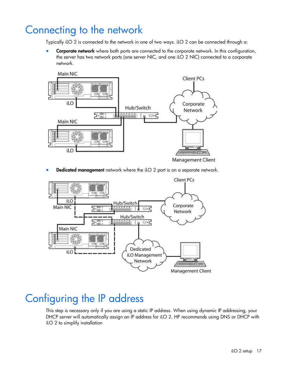Connecting to the network, Configuring the ip address | HP Integrated Lights-Out User Manual | Page 17 / 236